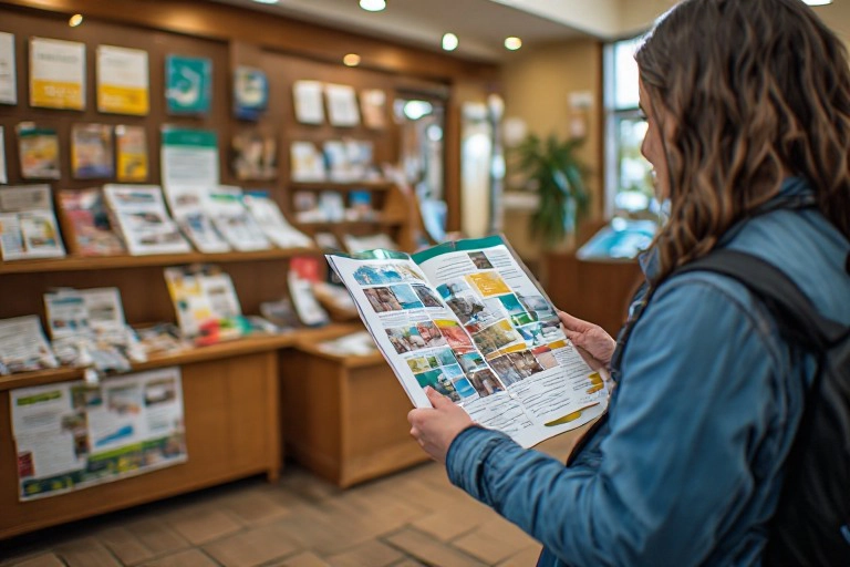 Visitor using a printed community guide featuring local business advertisements.