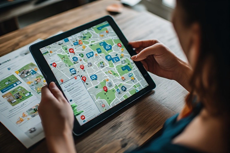 Customer finding local businesses through an interactive advertising map.