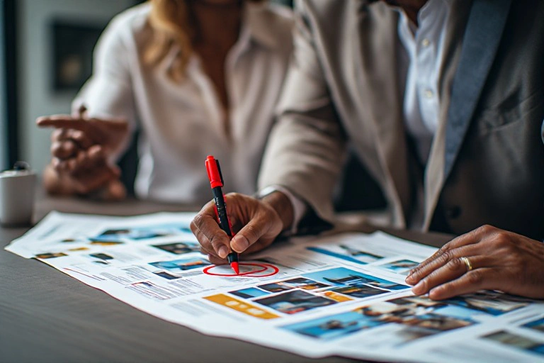 Business owner reviewing an advertising proof before printing.
